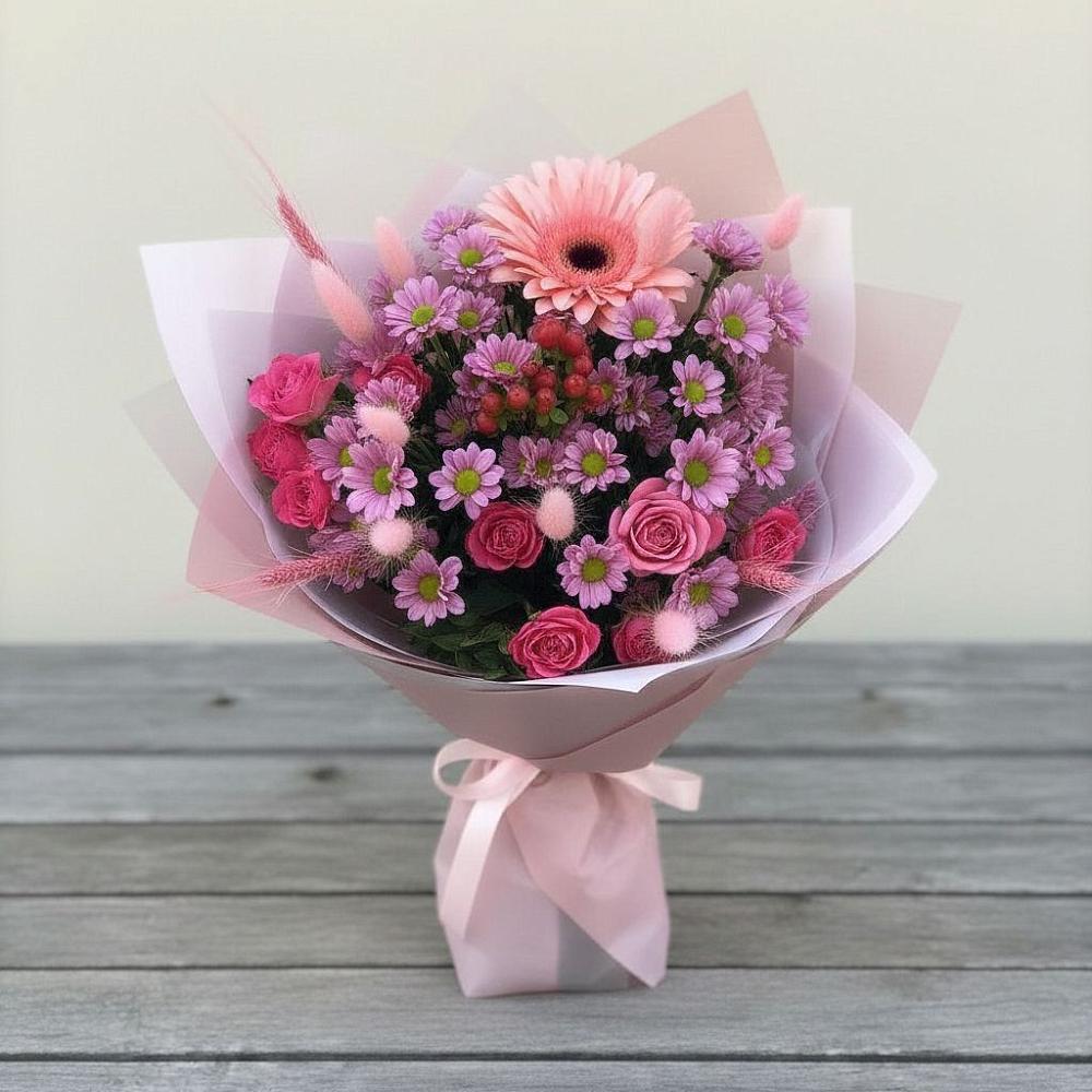 Букет цветов из: Розы, Герберы и Хризантемы в Ахтанизовскую