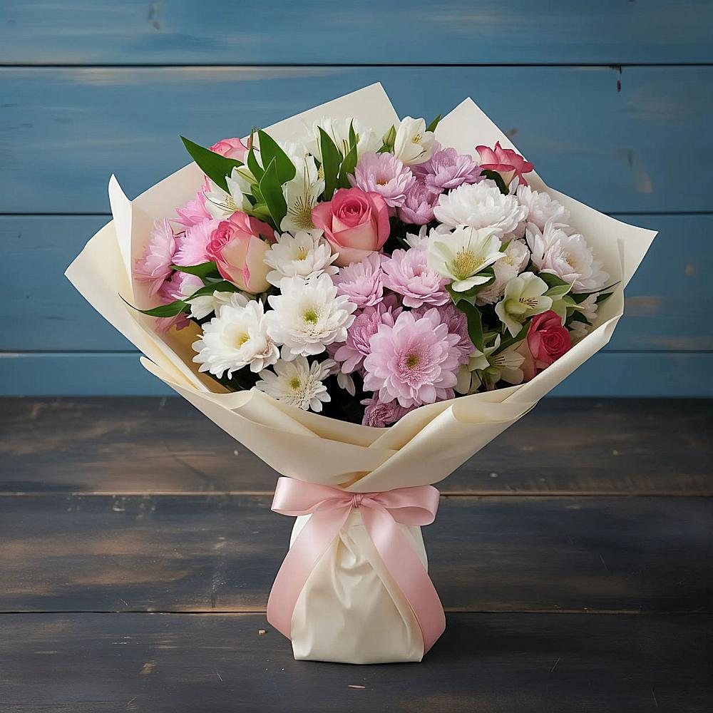 Букет цветов из: Хризантемы, Альстромерии и Розы в Ахтанизовскую